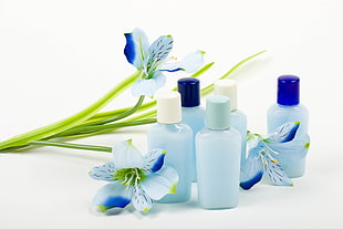 white-and-blue petaled flowers near white plastic bottles